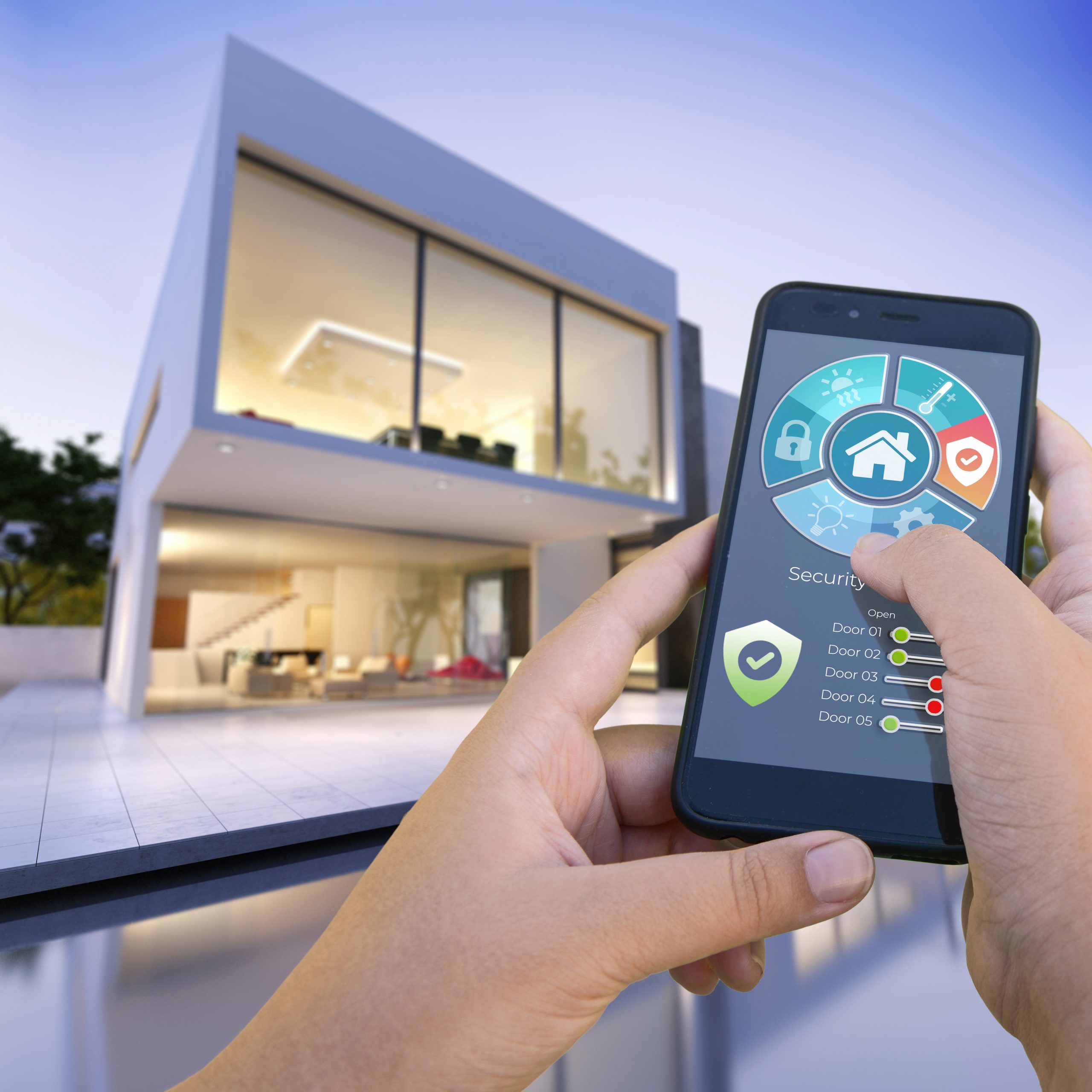 Luxurious modern smart house controlled by a smartphone from the outside Home Automation showing using phone and home in background